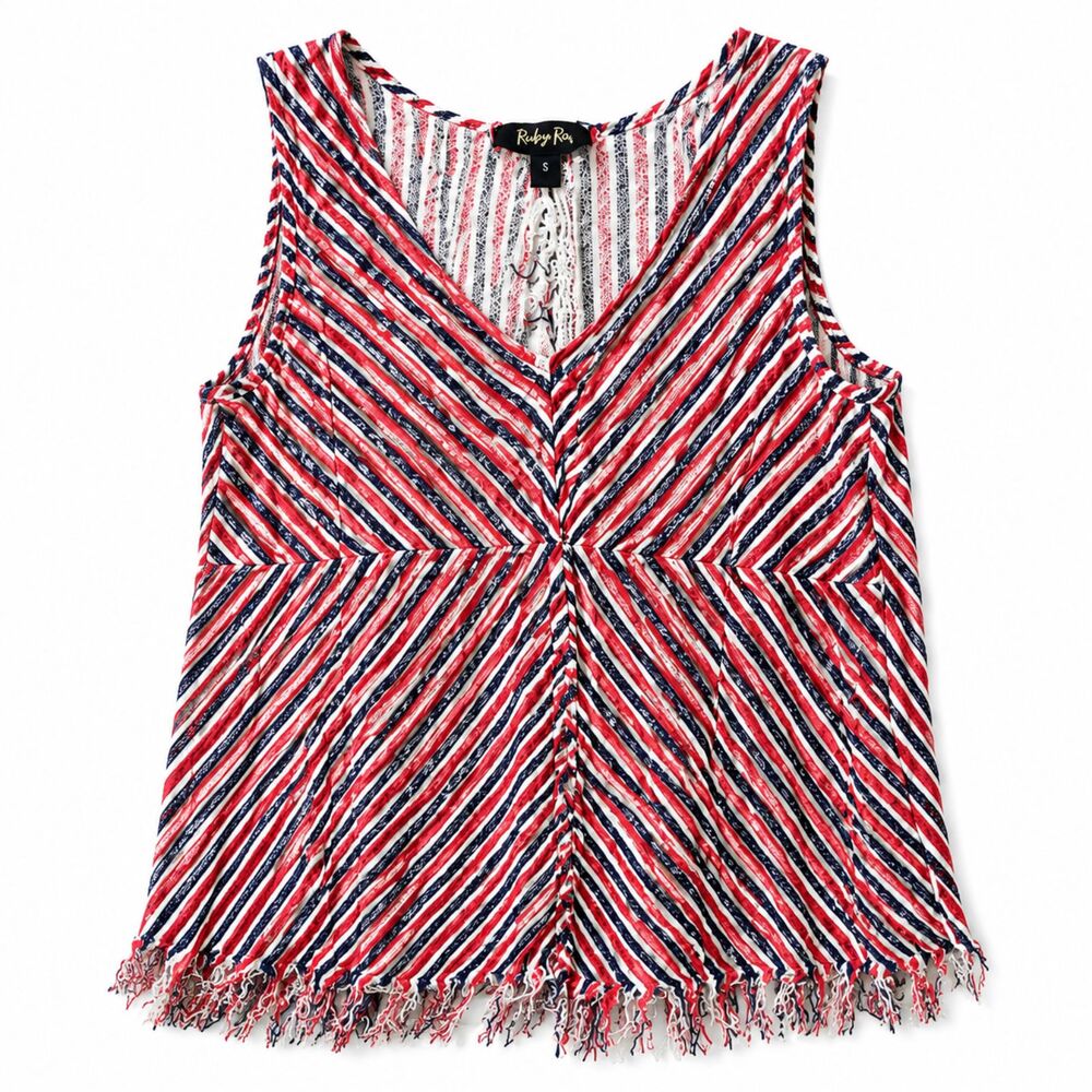 Indigo Rein Open Back Split Crossover Fringe Hem Stripe Sleeveless Top Small